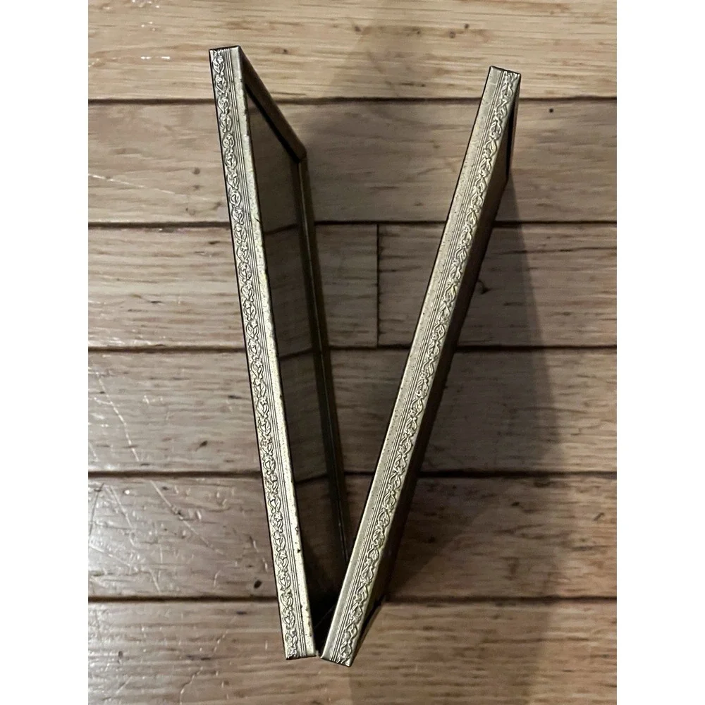 Vtg Gold Metal Double Picture Frame Photo 8x10 Engraved Hinged Mid Century